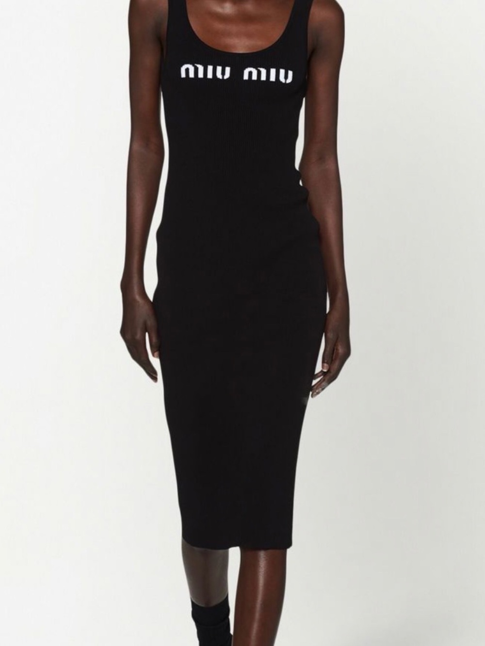 Miu Miu Black Ribbed Logo Midi Dress